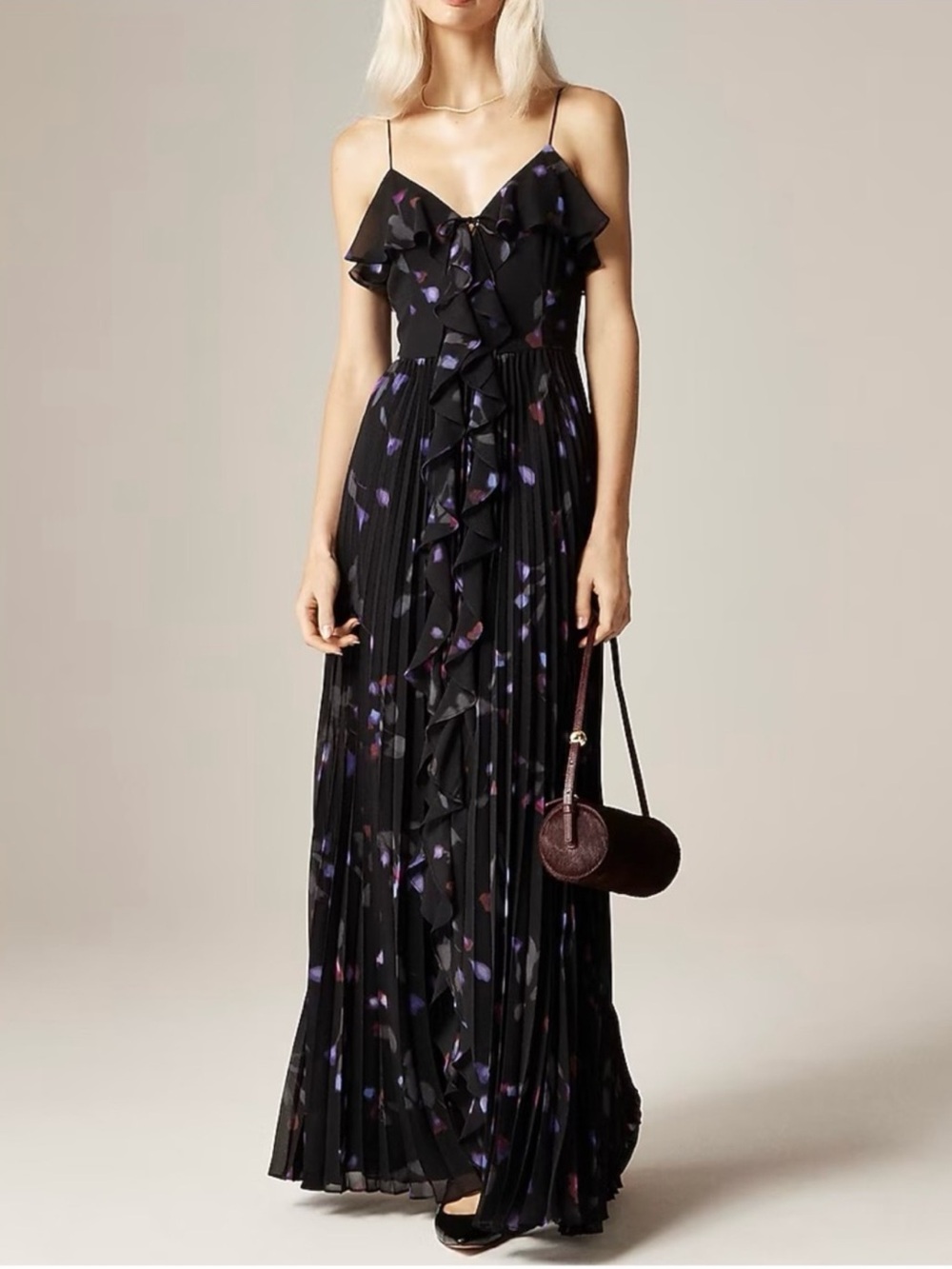 NWT J.Crew Collection Black Chiffon Ruffle Maxi Dress w/ Purple Floral Print